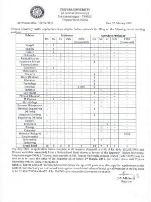 Tripura University Notified Recruitment for 49 Professor & Asst. Professor Posts 2015
