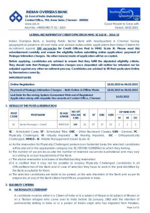 Indian Overseas Bank Notified Recruitment for 100 Posts of Senior Manager 2014-15