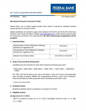 Federal Bank Notified Recruitment for Clerk Post 2015