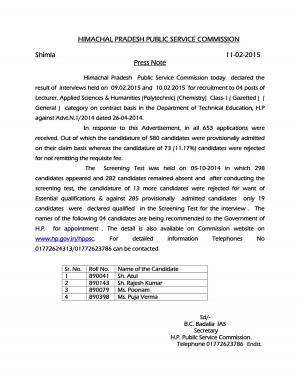 HPPSC For Lecturer Post: Interview Result Declared