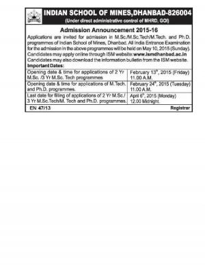 ISM Dhanbad Notified Admission for M.Sc/M.Sc. Tech/M.Tech and PhD Programmes 2015-16