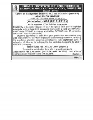 IIEST Shibpur Notified Admission for MBA 2015-16