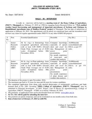 JNKVV Notified Walk-in Interview for the Post of SRF 2015