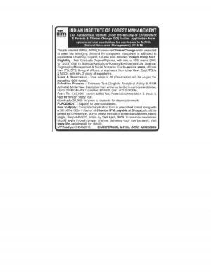 Indian Institute of Forest Management Notified Admission for M.Phil (NRM) Course 2015