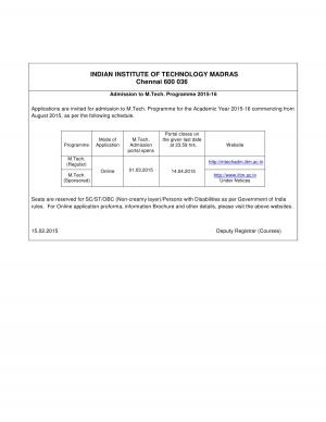 IIT Madras Notified Admission for M.Tech Program 2015