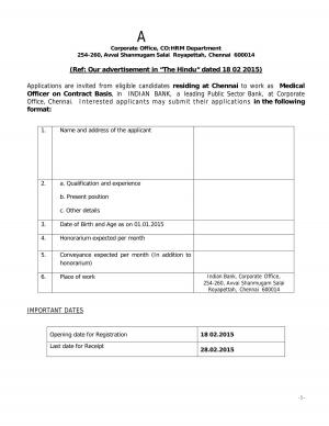 Indian Bank Chennai Notified Recruitment for 01 Medical Officer Post 2015