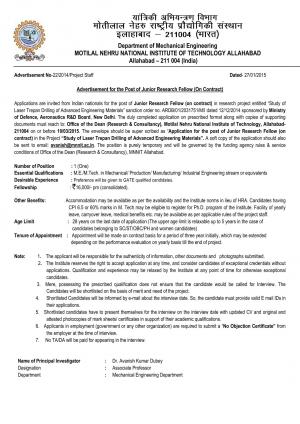Motilal Nehru National Institute of Technology Allahabad Notified Recruitment to JRF Post 2015 