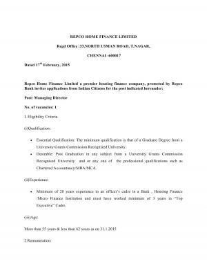 RHFL Notified Recruitment to 01 Managing Director Post 2015