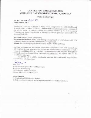 Maharshi Dayanand University Notified Recruitment for 03 SRF JRF RA and Project Fellow Post 2015