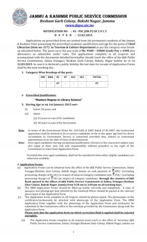 Jammu & Kashmir PSC Notified Recruitment for the Post of Chief Librarian 2015