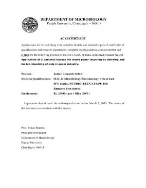 Panjab University Notified Recruitment for 01 Junior Research Fellow Post 2015