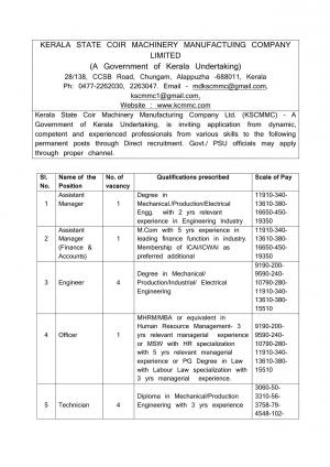KSCMMC notified Recruitment for MBA Graduates 2015
