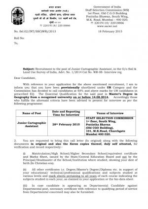 SSC-WR Issued Interview Schedule for Junior Cartographic Assistant Post 2015