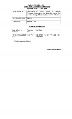 UPSC Declared Interview Schedule for Assistant Professor in Rog Nidan Hospital 2015