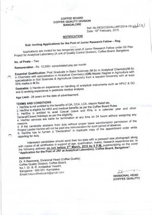 Coffee Board Bangalore Notified Recruitment for 02 JRF Posts 2015