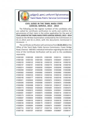 Tamil Nadu State Judicial Service Exam 2013-14: Written Examination Result