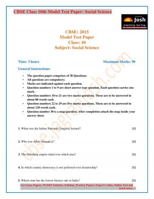CBSE Class 10th Social Science Model Test Paper 2015