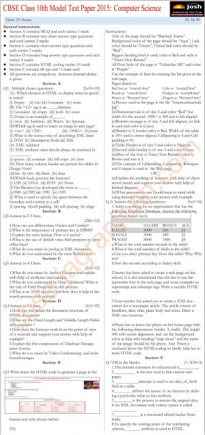 CBSE Class 10th Computer Science Model Test Paper 2015