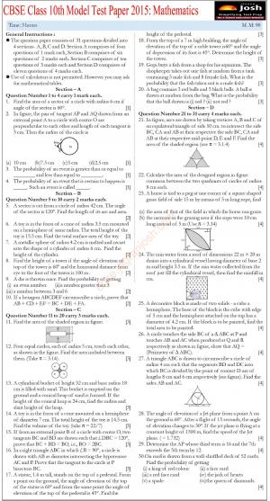 CBSE Class 10th Mathematics Model Test Paper 2015