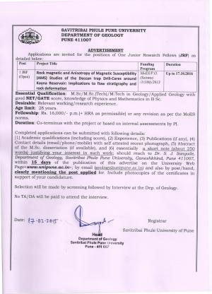 SBPPU Pune Notified Recruitment for 01 JRF Post 2015