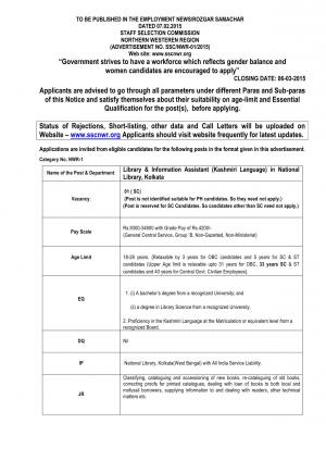 SSC NWR Notified Recruitment for 01 Post of Library & Information Assistant 2015