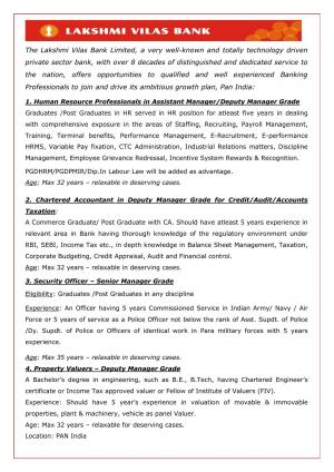 The Lakshmi Vilas Bank Limited Chennai Notified Recruitment for Various Posts 2015