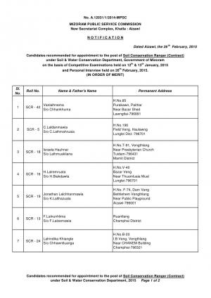 Mizoram PSC Declared Final Result for Soil Conservation Ranger Post 2015