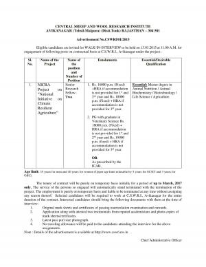 CSWRI, Rajasthan Notified Recruitment for 02 SRF Post 2015