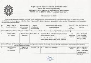 CSIR IHBT Notified Recruitment for 03 Project Fellow and Project Assistant Posts 2015