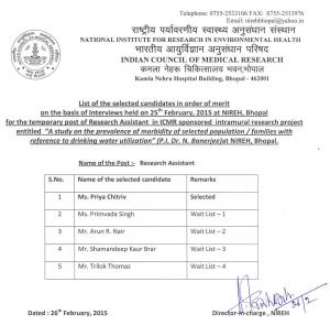 NIREH Final Result for Research Assistant Post 2015