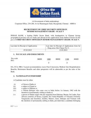 Indian Bank Notified Recruitment for Chief Security Officer Post 2015