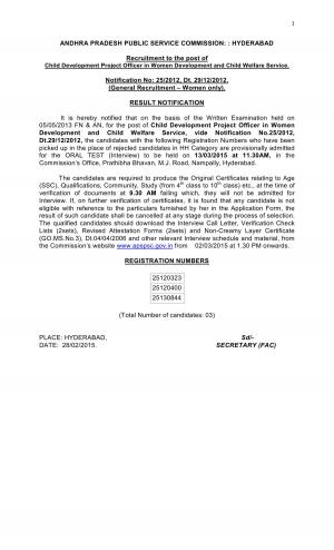 APPSC Issued Interview Schedule for Child Development Project Officer Post 2015