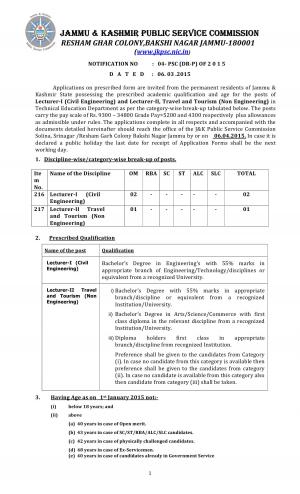 Jammu and Kashmir PSC Notified Recruitment for 03 Lecturer Posts 2015