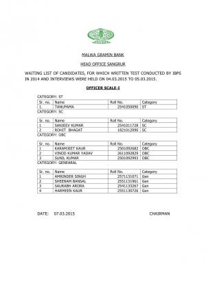 Malwa Gramin Bank Declared Interview Result for Officer Scale I Post 2015 Waiting List of Candidates