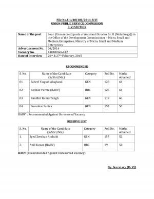 UPSC Declared Issued List of Candidates Selected for Assistant Director Gr II Post 2015