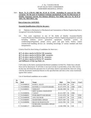 SSC NR Issued Interview Schedule for 21 Technical Assistant (Mechanical) Posts 2015 