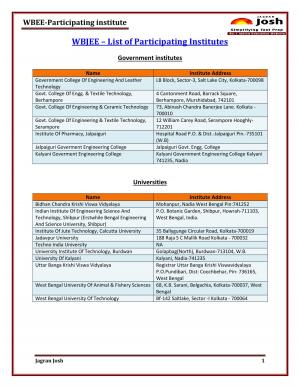 WBJEE-2015 Participating Institutes