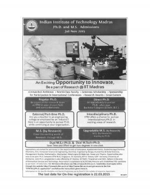 IIT Madras Notified Admission to PhD and MS Programs 2015