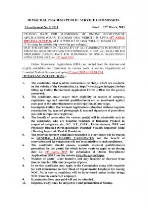 Himachal Pradesh PSC Notified Recruitment for 160 Various Post 2015