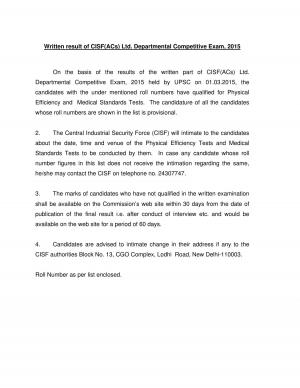 UPSC Declared Written Result of CISF (AC) Limited Departmental Competitive Examination 2015