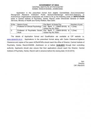 Central Institute of Psychiatry Notified Recruitment for 02 Professor Posts 2015
