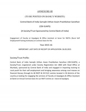 CBI-SUAPS Notified Recruitment for Faculty & Office Assistant posts 2015