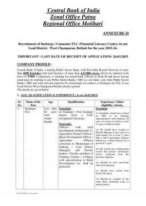 Central Bank of India Notified Recruitment for the Post of Incharge/Counselor 2015