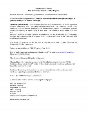 Maharshi Dayanand University Rohtak Notified Recruitment for 01 Research Associate Post 2015