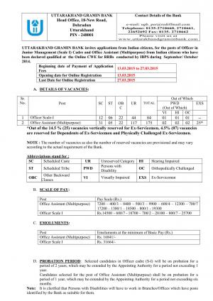 Uttarakhand Gramin Bank notified recruitment for 259 Officer  & Office Assistant posts 2015