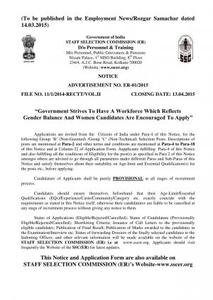 Staff Selection Commission Eastern Region Notified Recruitment for 12 Various Posts 2015