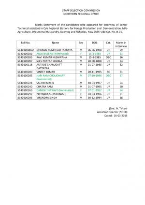SSCNR Issued Marks Statement for Senior Technical Assistant Post 2015