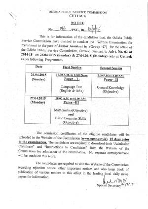 Odisha PSC Issued Written Examination Schedule for Junior Assistant Post 2015