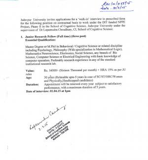 Jadavpur University Notified Walk-in Interview for Junior Research Fellow (JRF) Post 2015