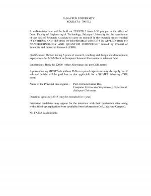Jadavpur University Notified Walk-in Interview for Research Associate Post 2015